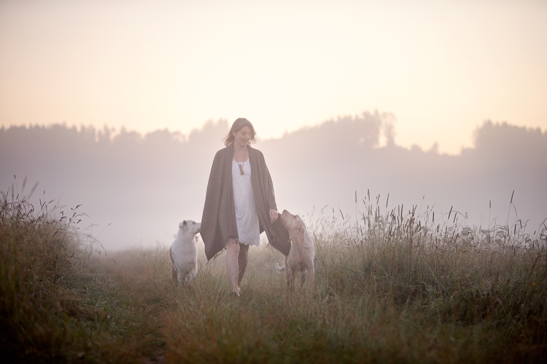 Frau läuft mit Hunden in nebliger Morgenstimmung